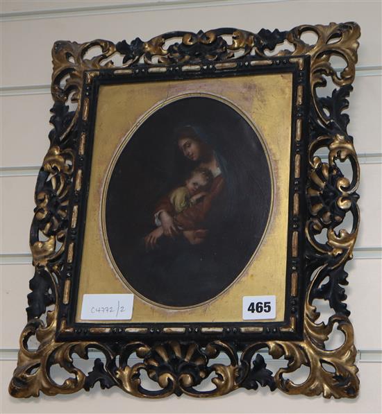 19th century Italian School, oil on board, Madonna and child, oval, 22 x 17cm, Florentine frame